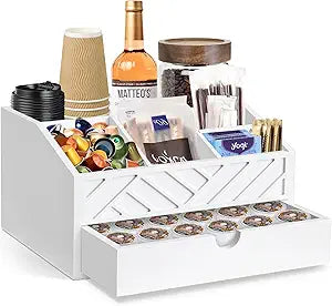Coffee Bar Organizer with Drawer, Coffee Station Organizer for Countertop, Wood Coffee Bar Accessories Organizer for Coffee Bar Decor, Farmhouse Coffee Cup Pod Holder Condiment Organizer(White)