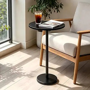 smusei Drink Tables for Small Spaces Pedestal Side Table with Marble Base Small Round Side Table Black Coffee Table for Sofa Couch Chair Patio, Black
