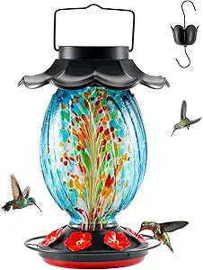 HouseSapp Solar Hummingbird Feeder - 49 fl.oz Hand Blown Glass Color Changing - 7 Feeding Ports with Perch - Never Leak - Perfect Hummingbird Feeder for Outdoors Hanging (Blue)