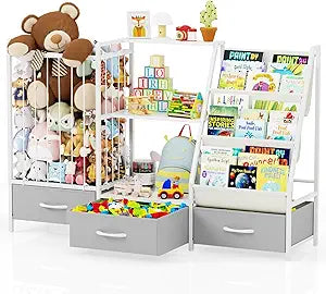 Kids Bookshelf and Toy Storage Organizer - 3-Tier Sling Bookcase with Stuffed Animal Storage and Fabric Toy Drawer - Kids Bin Shelf for Nursery, Bedroom & Playroom, 47.2" W