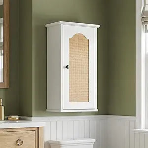 Over The Toilet Storage Cabinet, Above Toilet Organizer with Rattan Door, Modern White Finish, 13x25 inch Space Saving Bathroom Medicine Cabinet