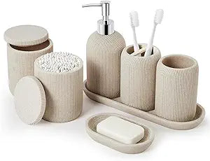 Bathroom Accessories Set - 7-Piece Resin Bathroom Set, Toothbrush Holders for Bathrooms, Soap Dispenser, Qtip Holder Dispenser, Tumbler, Soap Dish & TrayBeige
