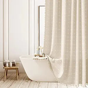 Boho Striped Long Shower Curtain Farmhouse Vintage Plaid Shower Curtains for Bathroom Rustic Chic Neutral Heavy Duty Bathroom Curtain Set with Tassel Beige Cloth Shower Curtain 71x83 Inch