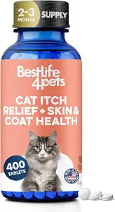 Cat Itchy Skin Relief & Hair Loss Treatment, Holistic Allergy Relief for Cats Calms Dry Skin, Dandruff & Reduces Licking, Scratching, Patchy, Matted and Shedding Fur, 400 Easy to Use Pills