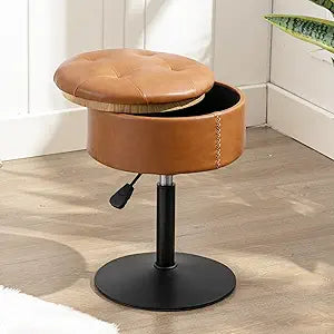 LUE BONA 360Swivel Vanity Stool Chair for Makeup Room, Height Adjustable Stool for Vanity with Storage, Small Whiskey Brown Faux Leather for Bathroom, Living Room