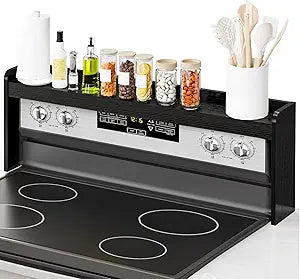 31 Stove Top Shelf, Over the Stove Spice Rack, Wood Space Saving Seasoning Shelf, Kitchen Storage Stand, Kitchen Organization (Black)
