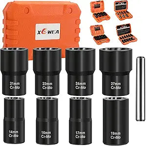 XEWEA 9PCS Lug Nut Extractor Set, 1/2" Drive Impact Bolt Nut Remover Socket Tool, Wheel Lock Removal Kit, Easy Out Extractor Set for Damaged, Frozen, Rusted, Rounded-Off Bolts Nuts