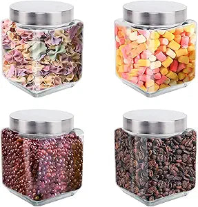 Nsmykhg 37 oz Square Glass Jars with Lids, 4 Pack Glass Canisters with Metal Lids, Clear Wide Mouth Mason Jar Food Storage Jar for Overnight Oats, Coffee, Candy, Kitchen & Bathroom Storage Containers