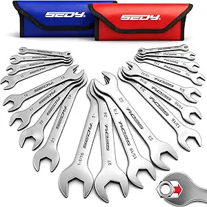 19-Piece Super Thin Open-End Wrench Set, SAE 1/4"-1-1/16" & Metric 5.527 mm, 3 mm Thickness Slim Wrench Set for Tight Spaces, Nickel Plated Flat Wrenches with Red & Blue Rolling Storage Pouches