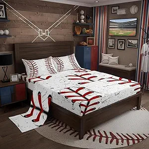 Erosebridal Baseball Bed Sheets for Boys,Red White Baseball Sheet Set for Kids,Grunge Ball Print Bedding Set,Sports Game Fitted Sheet + Top Sheet Soft + 2 Pillowcases Wrinkle Free,Full Size