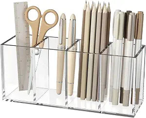 NIUBEE Acrylic Pen Holder 4 Compartments, Clear Desk Pencil Organizer Cup