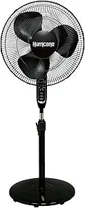 Hurricane Supreme Oscillating Pedestal Stand Fan with 3 Quiet Speeds, Black, 16" - Corded Electric Air Cooling Unit with Remote Control & Adjustable Height for Home, Apartment, Workshop or Office