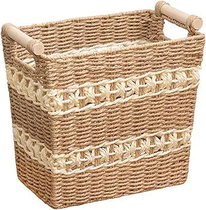 Large Paper-Cord Woven Storage Basket, Reinforced Iron Frame Organizer with Wooden Handle for Living Room, Bedroom & Balcony Storage(Beige+White)