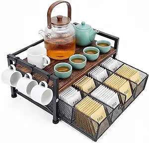 Tea Bag Organizer, Teabag Holder with Storage Drawer, Wood Tea Organizers and Storage Chest, Tea Station Chest Display Container Box for Countertop Kitchen (Rustic Brown)