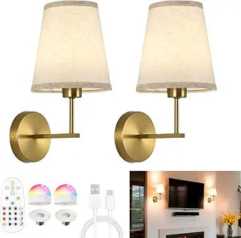 Battery Operated Wall Sconces Set of 2, Wireless RGB Light, Gold
