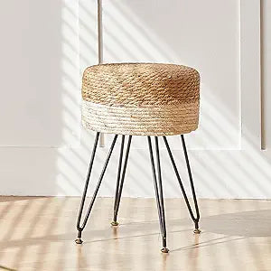 Makeup Vanity Stool, Hand Weave Natural Seagrass Footstool Ottoman, Foot Rest Dressing Stool with Metal Leg, Modern Multifunctional Vanity Stools Chair, White
