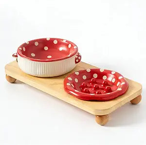 Ceramic Elevated Dog Cat Food Bowl Set with Wooden Stand, Raised Cat Slow Feeders, no Black Chin, Pet Food and Water Dishes, for Kitten Pubby Small Animal