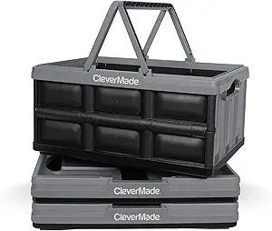 CleverMade Collapsible Shopping Basket 32L, 3 Pack  Folding Grocery Basket with Handles, Stackable Reusable Storage Crate with 35 lb Capacity, Recycled Plastic, Car Trunk Organizer- Stone Gray