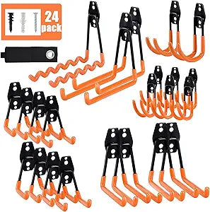 AOBEN 24PCS Garage Hooks, Heavy Duty Double Garage Hanger Organizer Wall Mount Iron Anti-Slip Garage Storage Hooks for Ladder, Power Tool,Bike,Ropes23 Hooks & 1 hoder Strap-Orange