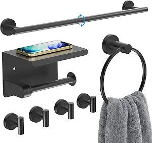 Matte Black Bathroom Hardware Set 7 Piece with 23.6 Inch Towel Bar