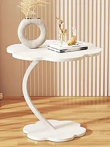 Flower Shape Small C-Shaped Side Table,Small Side Tables Bedroom, Sofa C End Table,Bedside Table for Living Room Kitchen Garden Bedroom, Accent Table (White)