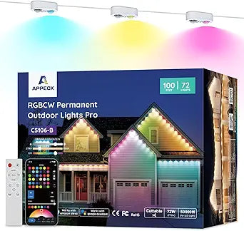 APPECK Permanent Outdoor Lights Pro 100ft, 72W RGBCW Eaves Lights with 72 LED Lights, 80lm, Dual Lens, Cuttable, IP67 Waterproof Lighting for Daily and Holiday Decor, Compatible with Alexa, White