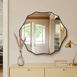 Irregular Hexagon Wall Mirror with Wavy Edge, Modern Decorative Mirror for Bathroom, Bedroom, Living Room, Frameless Vanity Mirror