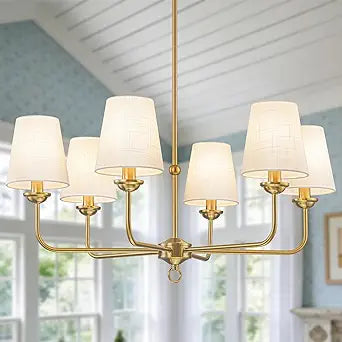Brushed Gold Antique Chandelier for Dining Room, Vintage Brass Chandeliers Light Fixture over Table with White Fabric Shade, 32" 6-Light Classic Kitchen Pendant Light for Bedroom Living Room Foyer
