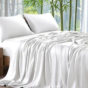 ANSSO 100% Rayon Derived from Bamboo Sheets Queen Size, 400 TC Luxury Silky Bedding Sheets with 16" Deep Pocket,Ultra Breathable Cooling Bed Sheets for Hot Sleepers-4 Piece Set (White)