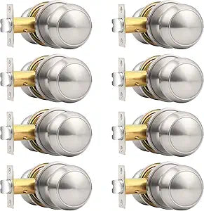 Probrico Brushed Nickel Passage Door Knobs Round Handles for Hall or Closet Knobs Keyless Hardware, 8 Pack