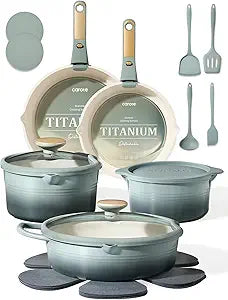 CAROTE 20Pcs Titanium Cookware Set, Pots and Pans Set Non Stick, Kitchen Cooking Set with Detachable Handle, Non Toxic Induction Cookware, Dishwasher/Oven Safe