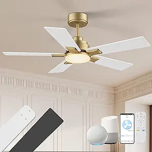 42 Inch Ceiling Fans with Lights,Smart Ceiling Fan with Light and Remote Control Alexa,APP,Modern Indoor Outdoor Ceiling Fans for Bedroom,Patio,Porch,in Black White and Gold,5 Blades,Dimmable,Quiet