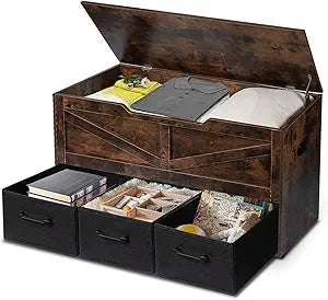 Qupui Storage Bench, 39.4" Storage Chest with 3 Drawers, Large Box Storage with Safety Hinges, Wooden Blanket Chest Trunk for Living Room, Bedroom, Entryway