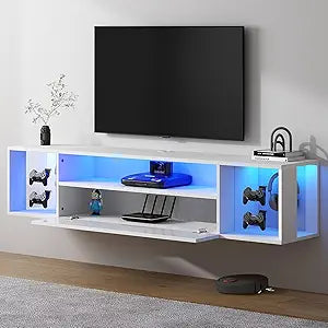 SogesPower Floating TV Stand Wall Mounted with Lights,LED TV Stand Floating Entertainment Center with Storage for Bedroom Living Room,Modern Floating Shelf for Under TV,White 55"