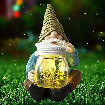 Solar Firefly Jar Gnome Waterproof Resin Statue, Large Garden Gnome Funny Solar Outdoor LED Lights Lantern Figurines Decorations, Birthday Housewarming for Women Mom Grandma