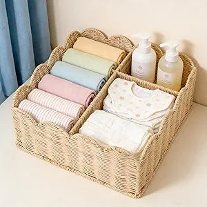 Rattan Divided Scalloped Basket,Wicker Diaper Caddy Scalloped Baske,Woven Natural Basket with 4 Dividers,Suitable for Baby Rooms, Bathrooms, Bedrooms (Rattan)