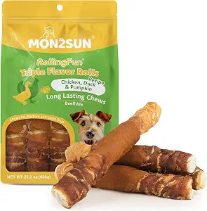 MON2SUN Dog Chews, 9 Inch Chicken & Duck Wrapped Rawhide Rolls with Pumpkin | 22.2 oz 4 Count, Long Lasting, Dental Dog Chews, for Medium and Large Dogs, High Protein Low Fat
