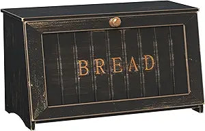 Vintage Bread Box for Kitchen Countertop, Retro Design Bread Storage Container, Farmhouse Wooden Counter Breadbox, Small Bamboo Bread Bin Holder for Homemade Bread, Black