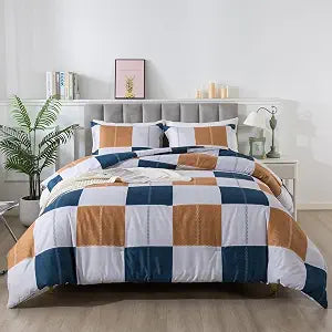 Caressma Navy Blue Plaid Checkered Comforter Set, Fluffy Geometric Grid Gray and Brown Buffalo Twin Size Comforter with Matching Pillow Shams for All Seasons