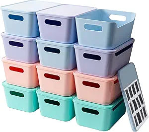 Tiawudi 12 Pack 4.5L Storage Bins with Lids, Plastic Storage Baskets for Home Classroom Organization, Multi-Use Organizer Bins for Cabinet, Pantry, Drawer, Countertop or Shelves, Colorful Containers