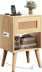 WLIVE Rattan Nightstand with Charging Station, Boho Night Stand, Small Bedroom Side Table, End Table with Drawer and Storage, Wood Bedside Tables for Bedroom, Small Spaces, Natural Oak