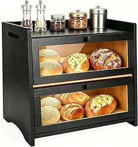 Double Layer Bamboo Bread Box for Countertop - Large Black Kitchen Storage (15.7x11.2x14.4 Inch) with Clear Window & Breathable Magnetic Closure