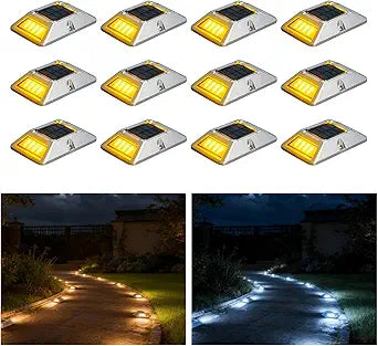 VATION LIGHTING Driveway Solar Dock Lights, 2 Colors Driveway Lights Solar Powered, IP67 Waterproof, Aluminum LED Outdoor Marker Deck Lights for Driveway, Pathway, White/Yellow, 12 Pack, FCC