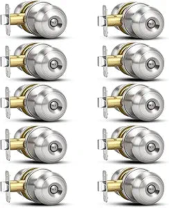 Plustool 10 Pack Brushed Nickel Door Knobs,Privacy Door Knob with Lock, Interior Doorknobs Silver, Keyless Door Locks Set for Bedrooms Bathrooms, Reversible for Left/Right Door Handle