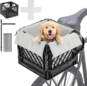Pet Bike Basket for Small Dogs, Rear Rack Carrier with Waterproof Foldable Seat, up to 15 Lbs, Safety Leash & Adjustable Straps, Portable Bike Crate for Cycling, Travel & Outdoor, 13x13x11in