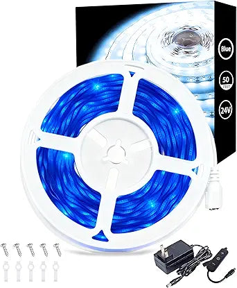Blue 50 Feet Led Lights Strip Indoor Rope Lights Easy DIY Cuttable Strip Lights for Fish Tank Bar Room Bathroom Living Room Kitchen Ceiling Wall Vanity Mirror Decor