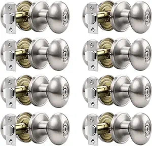 Gobrico 8 Pack Oval Privacy Door Knobs Interior Satin Nickel Door Knobs for Bathroom Bedroom Keyless Egg Shaped Door Knobs and Handles