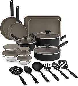 bella 21 Piece Kitchen Set with EverGood Ceramic Nonstick Coating, Dishwasher & Oven Safe, All Stovetops Compatible, Tempered Glass Lids & Cool Touch Handles, Black