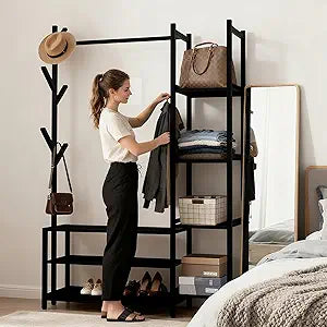 4 in 1 Freestanding Closet Organizer with Clothes Rack & Shoes Rack & 5 Side Shelves, Heavy Duty Wood Clothing Rack for Hanging Clothes, Multi-functional Wardrobe Closet for Entryway/Bedroom- Back