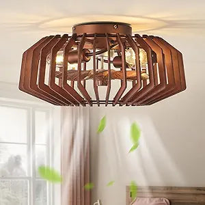 20" Wood Ceiling Fans with Lights Flush Mount, Farmhouse Rustic Ceiling Fan with Light Remote Control, Caged with 6 Speeds for Bedroom, Living Room, Nursery